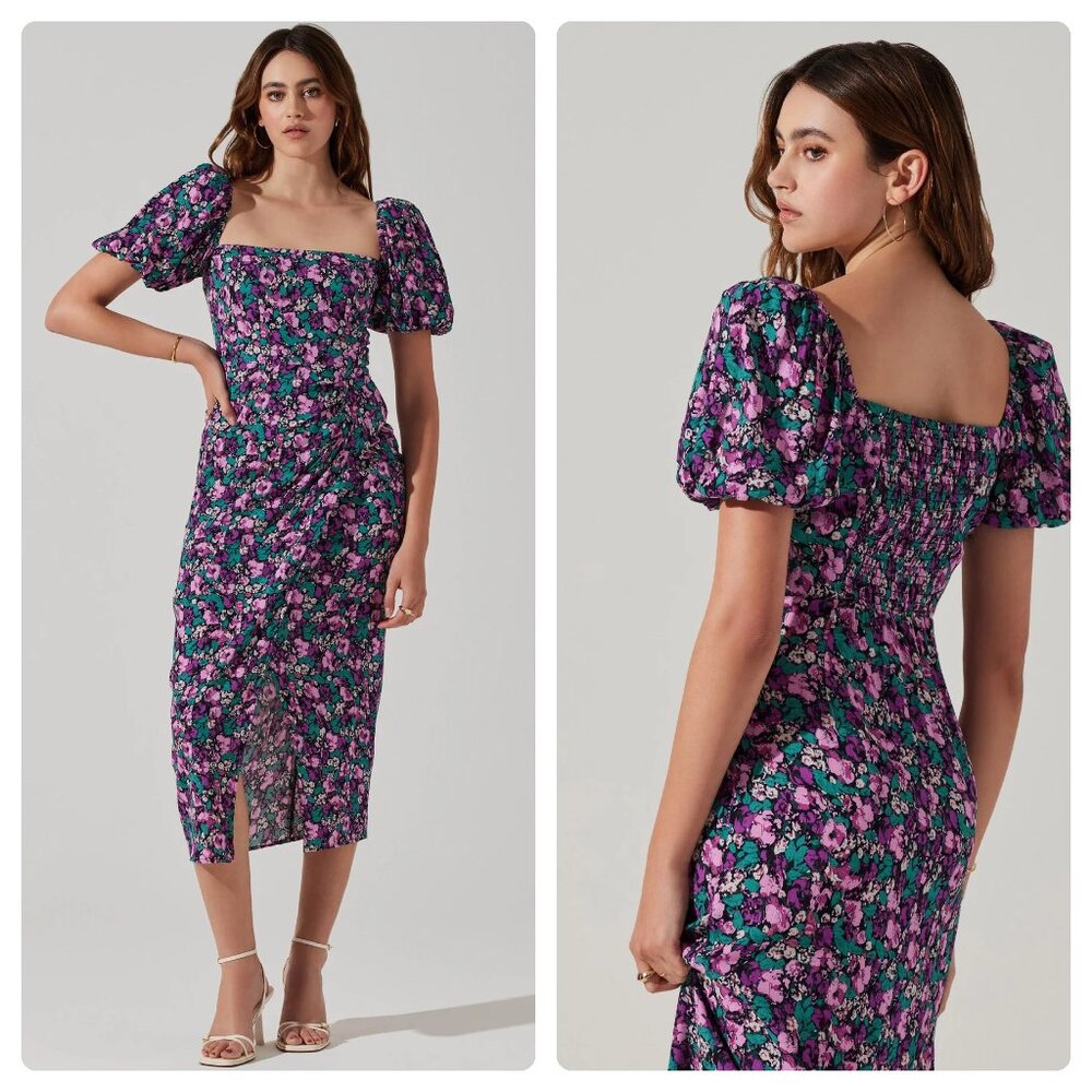 ASTR the Label Floral Square Neck Slit Front Midi Dress